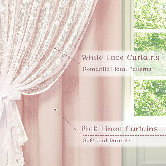 ASPMIZ Linen Pink Curtains for Bedroom, Double Layered Curtain 84 Inch Length 2 Panels Set, Farmhouse Rod Pocket Curtains & Drapes with Tiebacks, Light Filtering Curtain for Living Room, 52 x 84 Inch