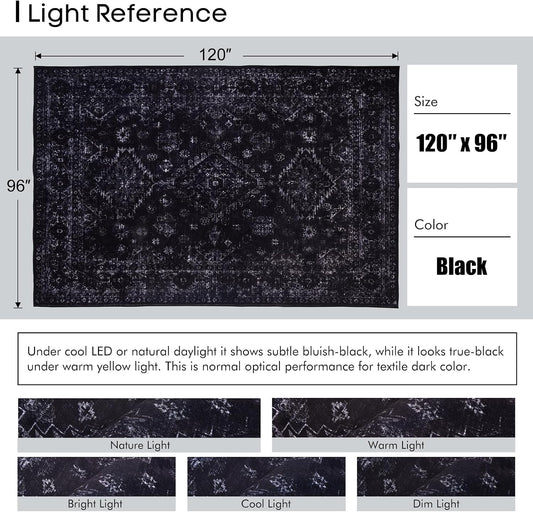 8x10 Large Area Rugs for Living Room, Neutral Machine Washable Rug, Black