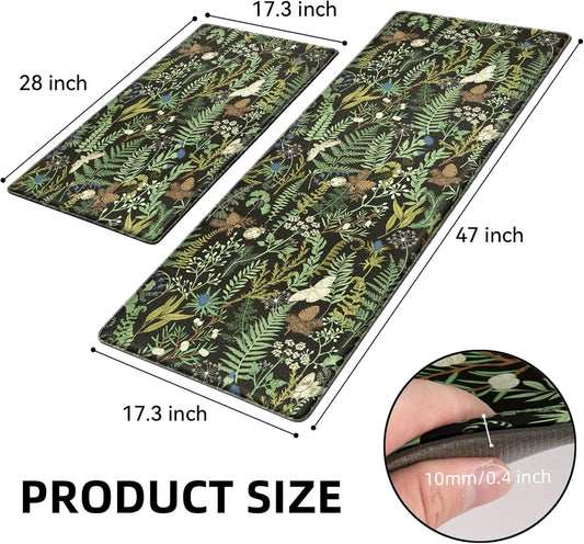 2PCS Botanical Kitchen Rugs Set, Black Green 17.3"x28" + 17.3"x47"