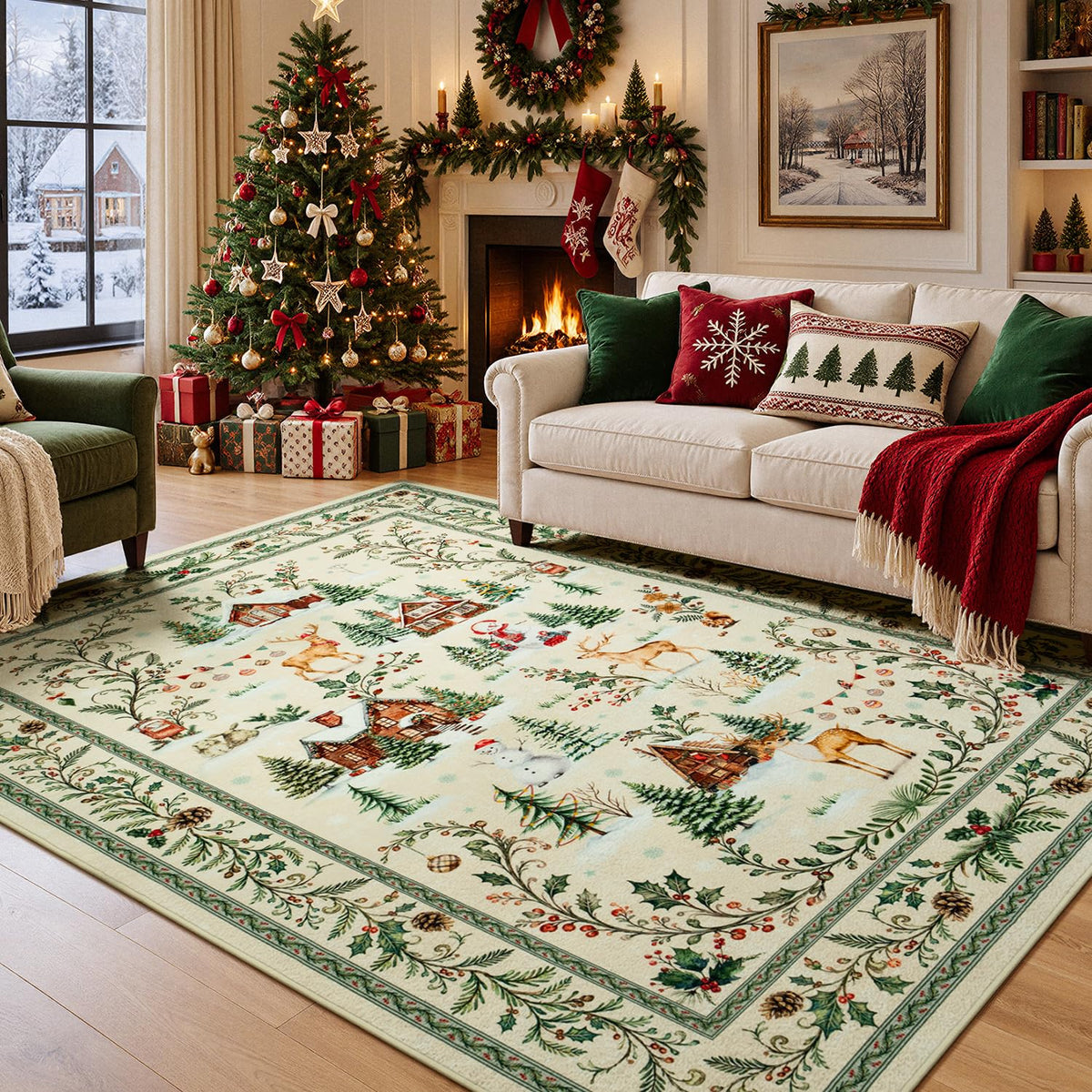 2x6 Christmas Beige Runner Rug for Hallway, Entryway and Kitchen
