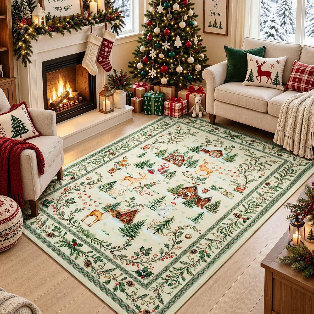 2x6 Christmas Beige Runner Rug for Hallway, Entryway and Kitchen