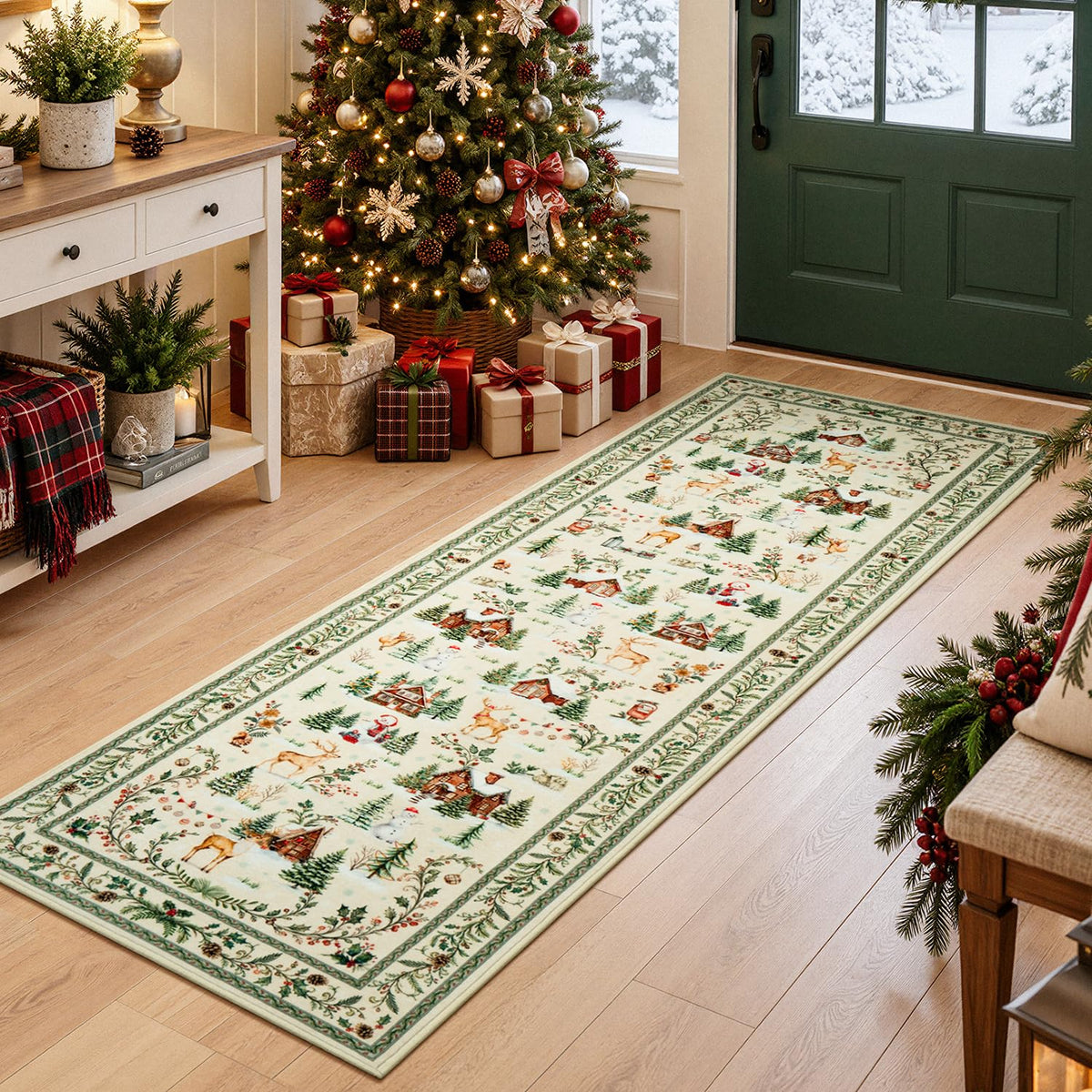 2x6 Christmas Beige Runner Rug for Hallway, Entryway and Kitchen