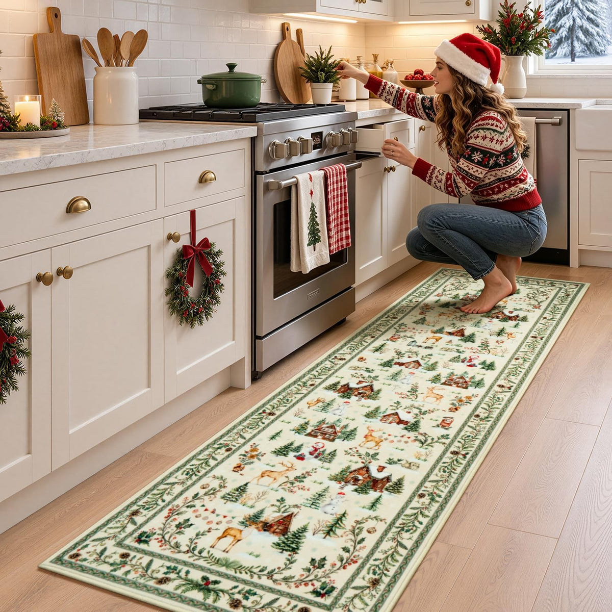 2x6 Christmas Beige Runner Rug for Hallway, Entryway and Kitchen