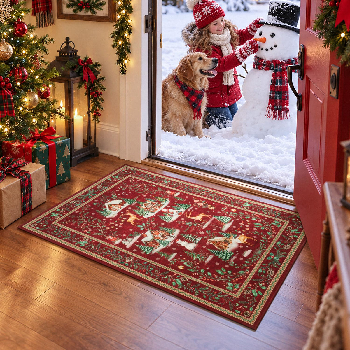 2x6 Christmas Beige Runner Rug for Hallway, Entryway and Kitchen