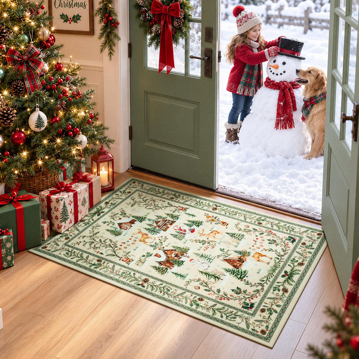 2x6 Christmas Beige Runner Rug for Hallway, Entryway and Kitchen