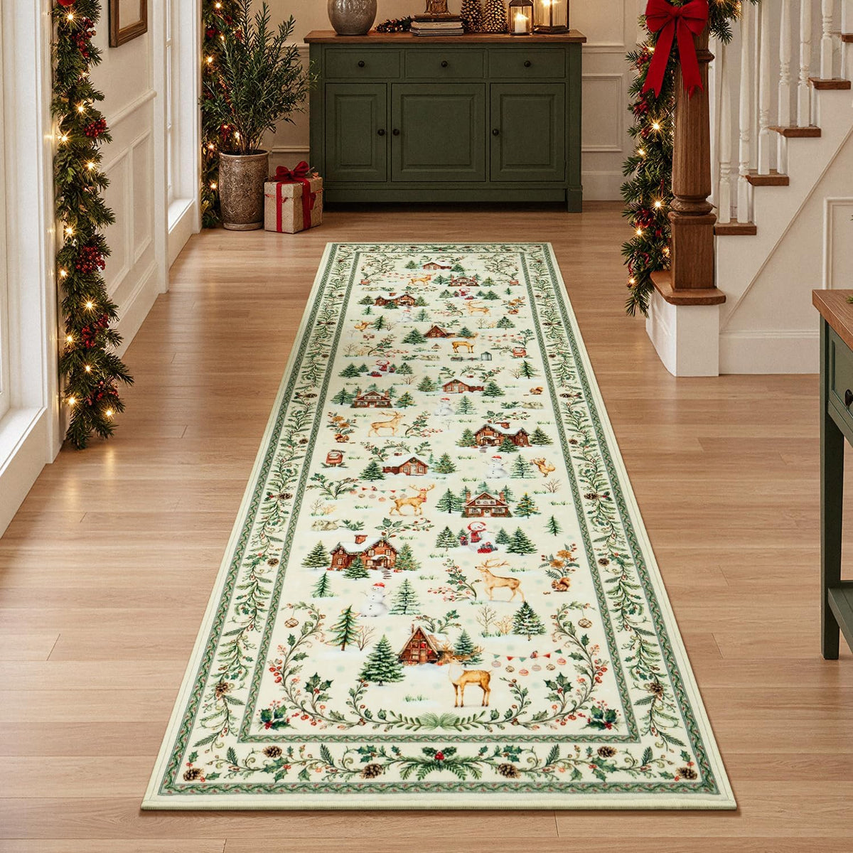 2x6 Christmas Beige Runner Rug for Hallway, Entryway and Kitchen
