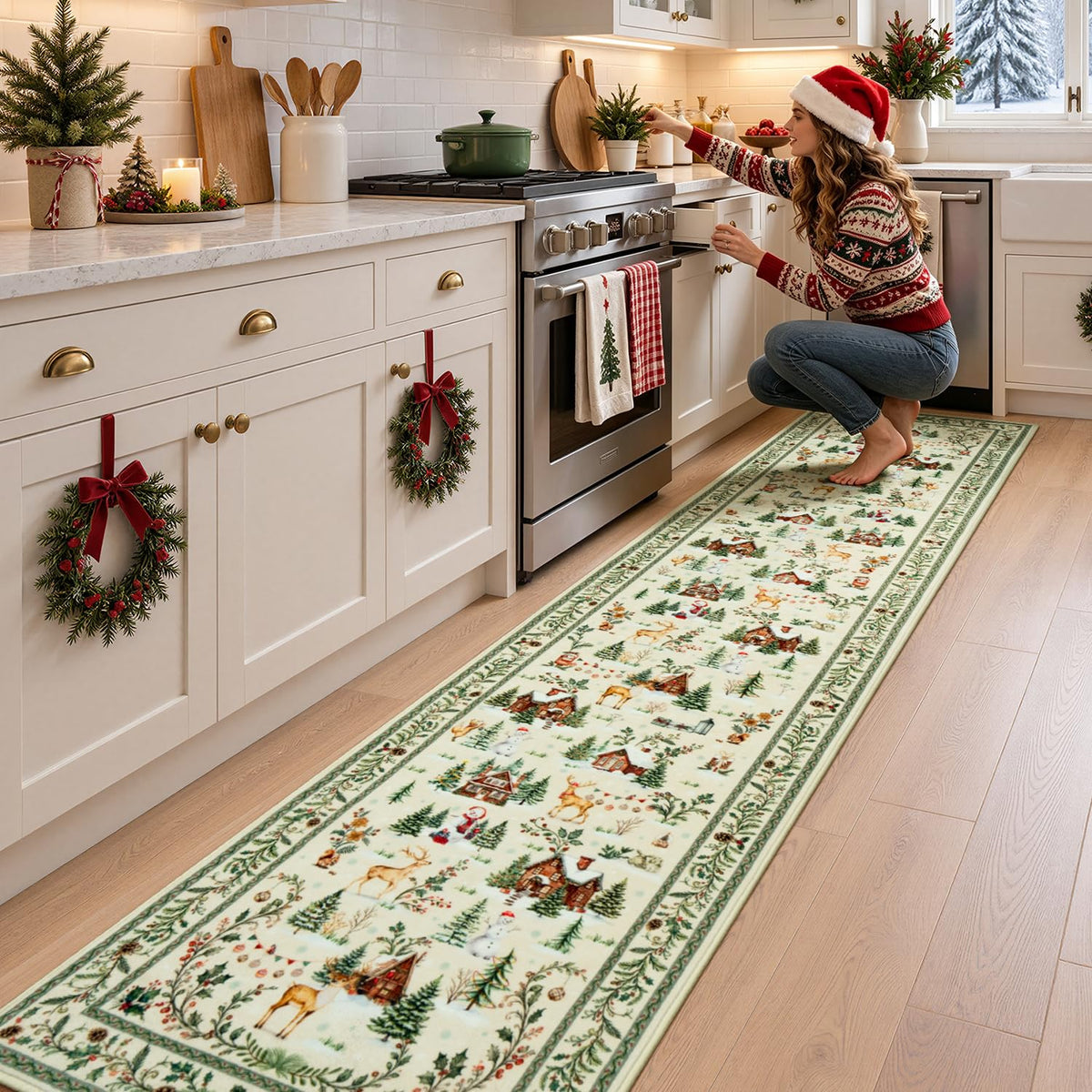 2x6 Christmas Beige Runner Rug for Hallway, Entryway and Kitchen