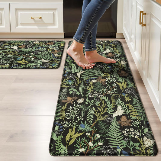2PCS Botanical Kitchen Rugs Set, Black Green 17.3"x28" + 17.3"x47"